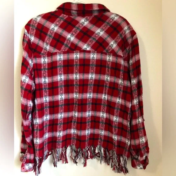 NWT Olive+Oak Women’s Boho Flannel & Plaid Fringe Button Down Cotton Top - Picture 7 of 15